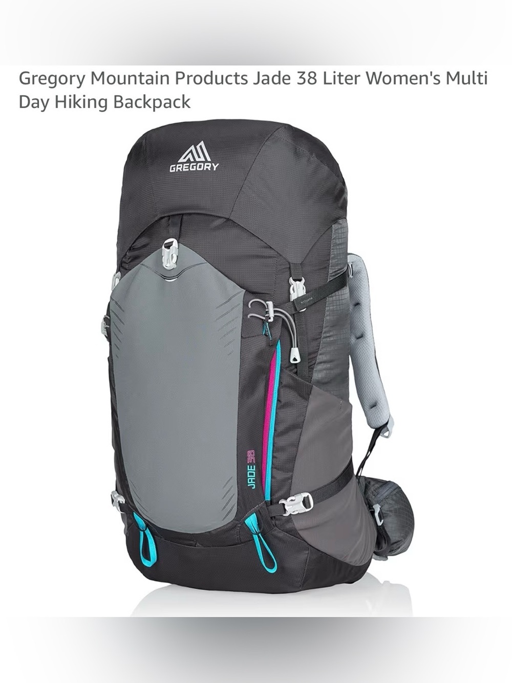 Gregory Jade 38 Dark Gray Backpack with Pink and Teal Accents - Size Small